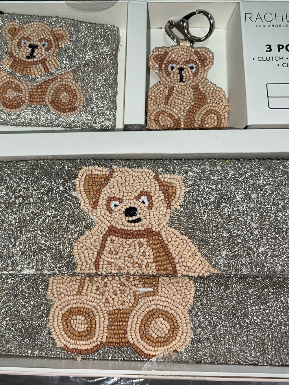 Rachel Zoe Silver Beaded Teddy Clutch with Beige & Tan Bear Motif
